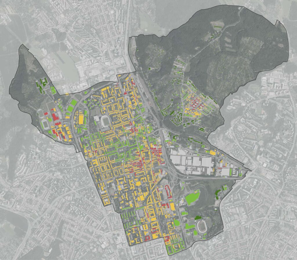 A synthesismap showcasing the overall compliance with the rule 3-30-300 per-building, each assigned one of the four categories 
(0 rules met, 1 met, 2 met, 3 met); 