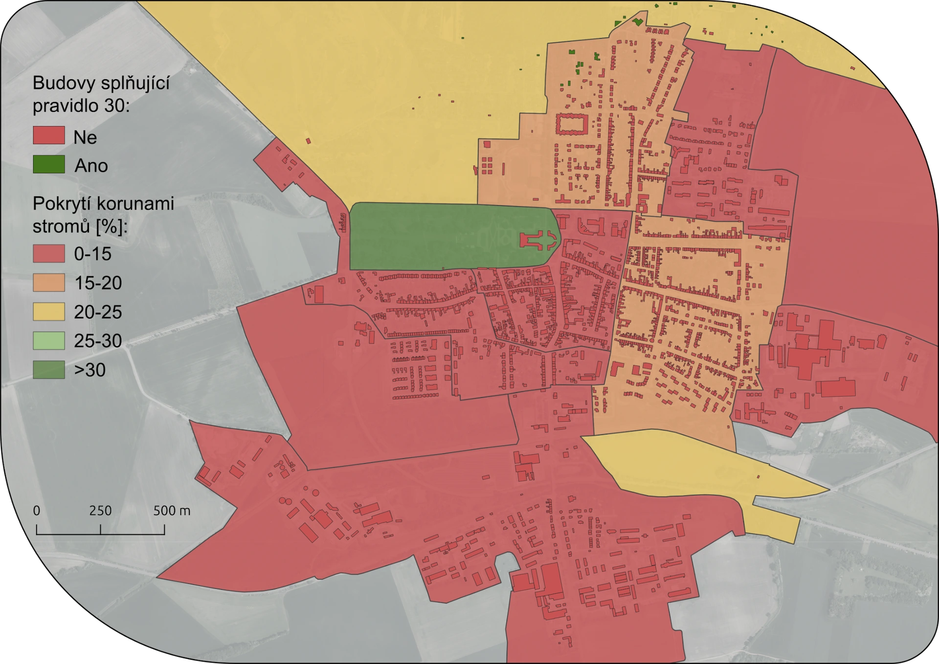 Map of Slavkov showing tree canopy cover in different neighborhoods and buildings meeting the 30 rule based on the 3-30-300 concept. The color scale represents tree canopy cover: 0-15% (red) – areas with low tree cover, 15-20% (orange) – areas with medium cover, 20-25% (yellow) – areas with higher cover, 25-30% (light green) – areas with high cover, >30% (dark green) – areas with very high cover. Buildings that meet the 30 rule (i.e., are surrounded by sufficient tree canopy) are marked in green, while those that do not meet this criterion are marked in red. The map includes a scale for better orientation.